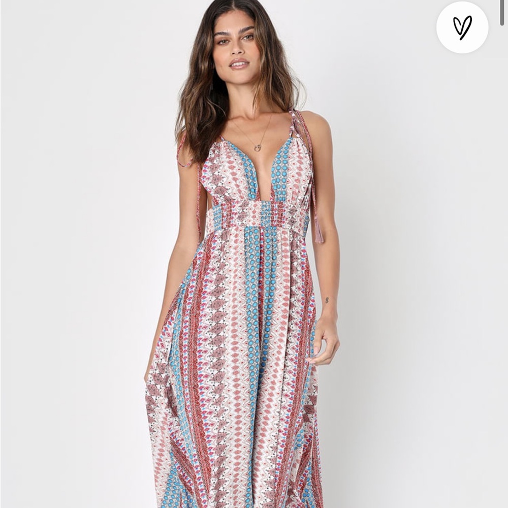 Lulus Maxin' Relaxin' Blue Multi Print Sleeveless Tie-Strap Maxi Dress, small